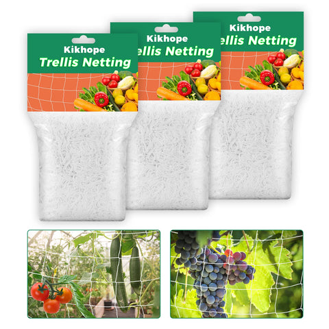 Kikhope Trellis Netting 5x15 ft three-pack supports climbing tomatoes and cucumbers.