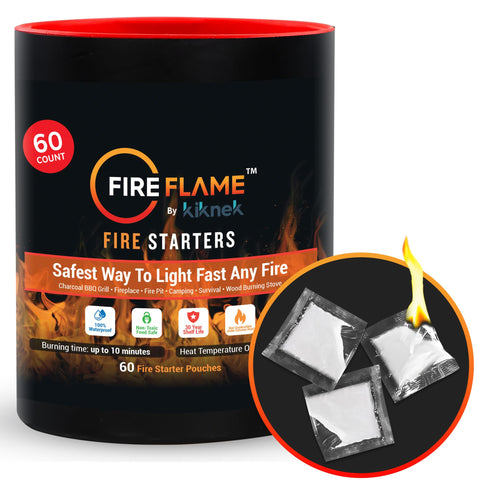 Kiknek FireFlame pouch pack closeup highlights sealed pouches for reliable lighting