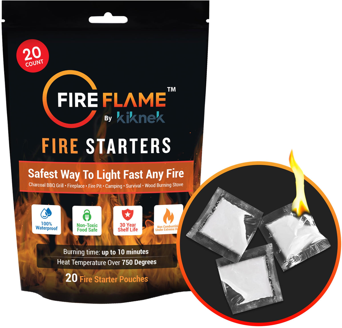 Kiknek FireFlame quick lighting sachets ignite campfires fast for outdoors