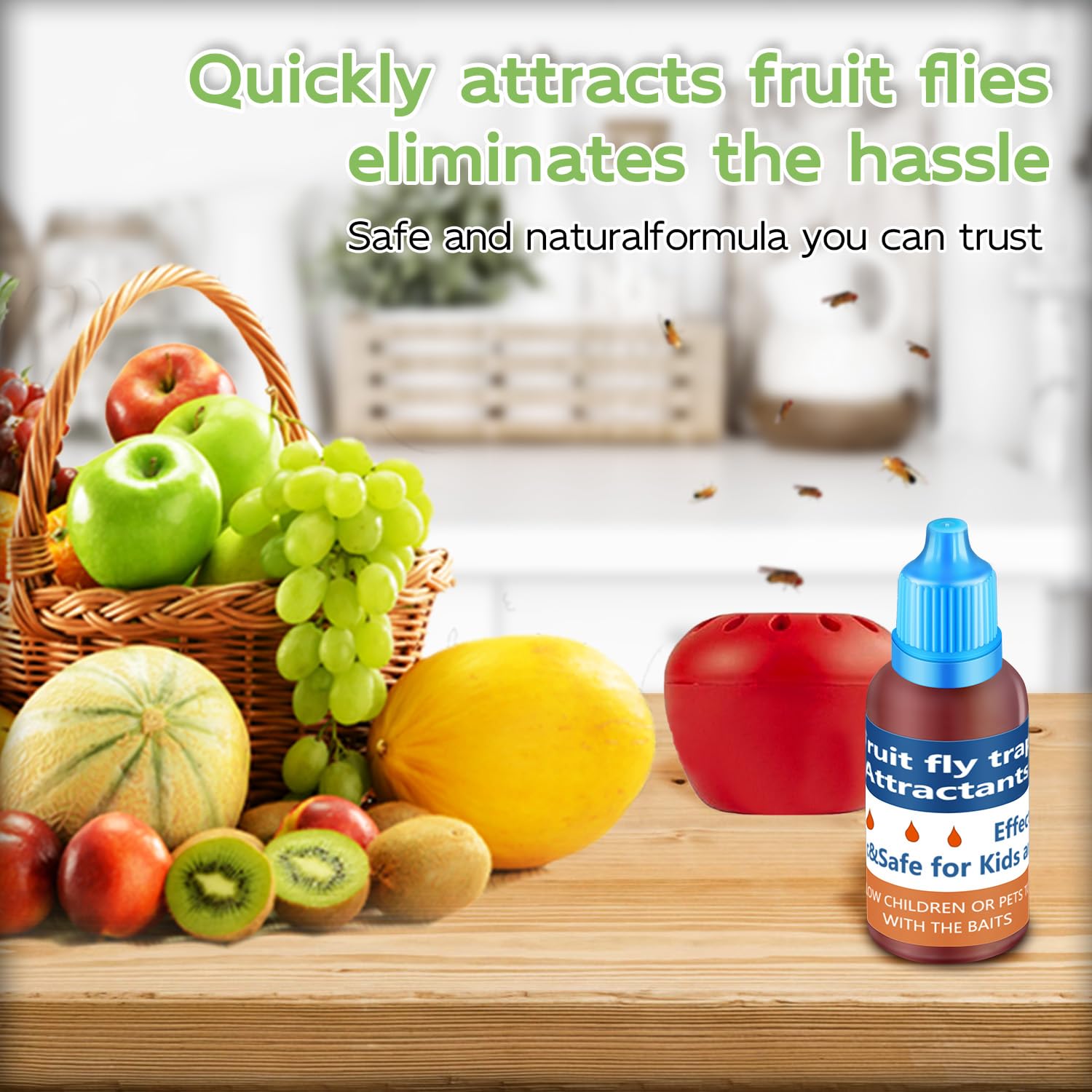 Kilsaco refill liquid bottle close-up for fast fruit fly attraction.