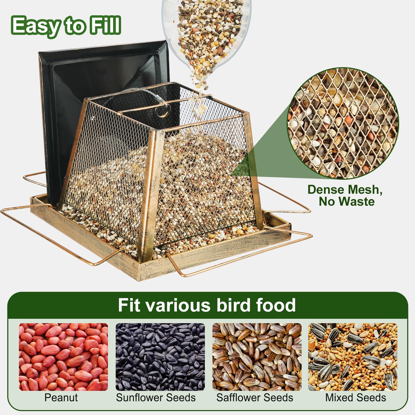 KIMCHOMERSE welded-mesh body lets birds see seed levels at a glance.