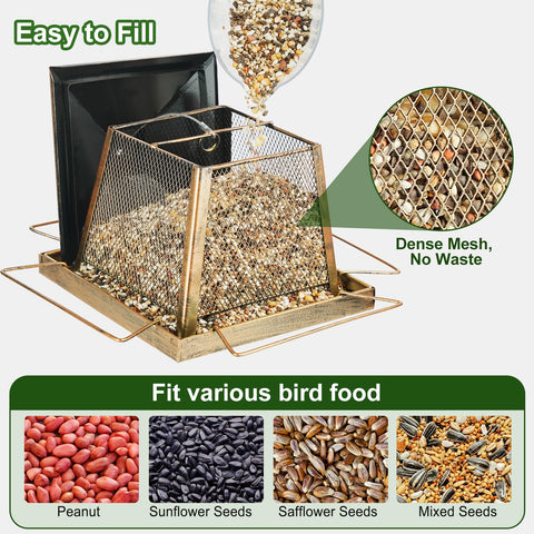 KIMCHOMERSE welded-mesh body lets birds see seed levels at a glance.