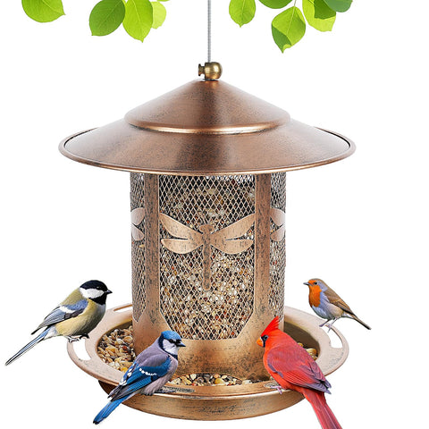 KIMERSE dragonfly-pattern bird feeder, durable metal finish for outdoor use.