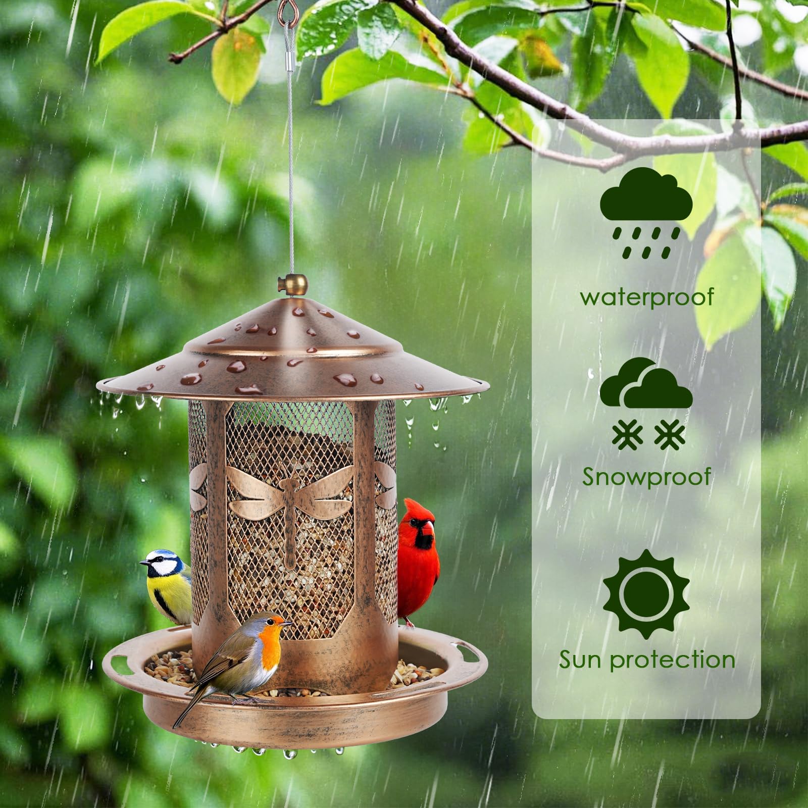 KIMERSE bird feeder design supports multiple birds feeding at once.