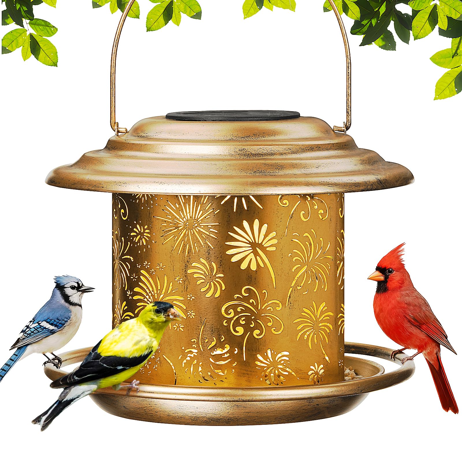 KIMERSE solar bird feeder lantern glows at dusk for backyard birds and ambiance
