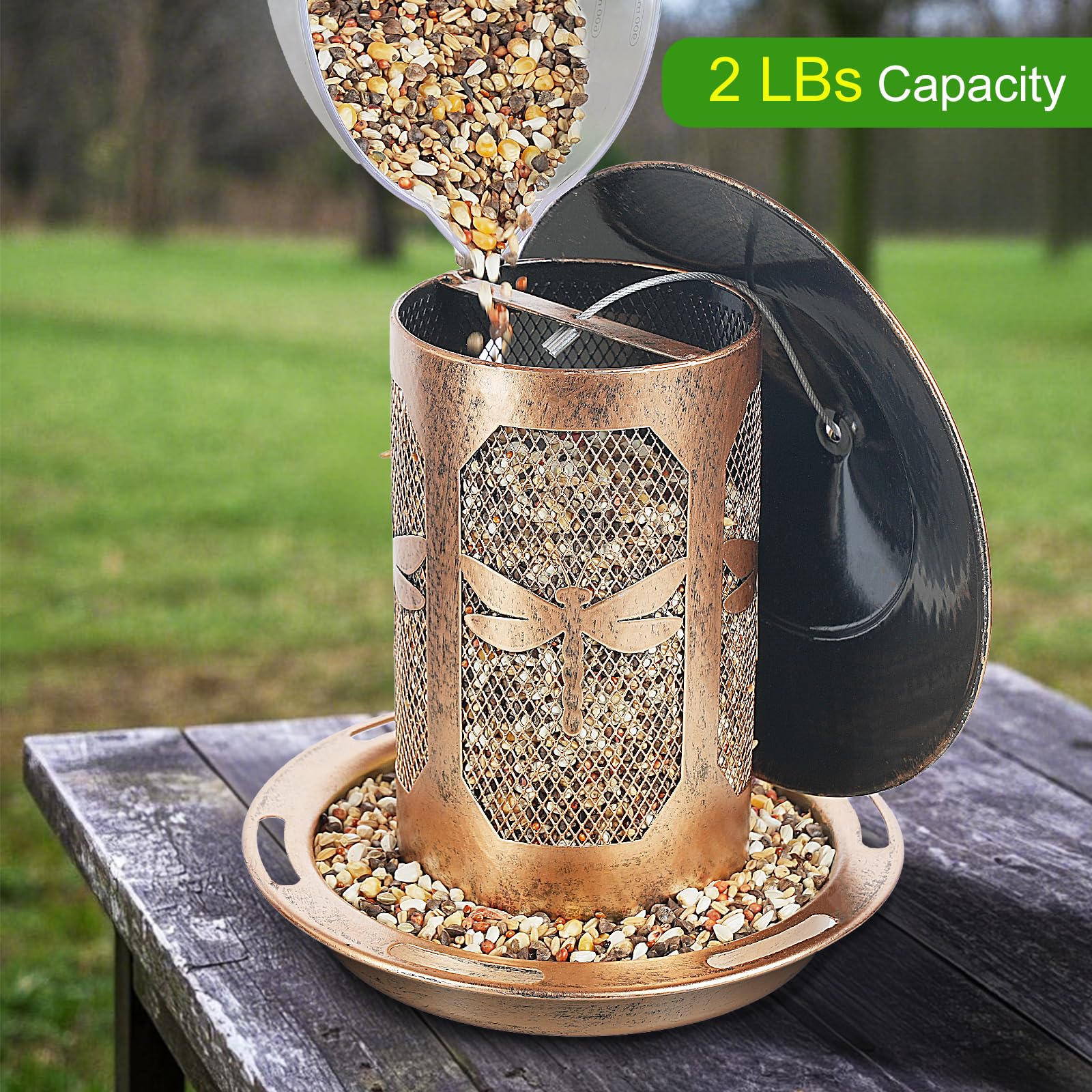 KIMERSE squirrel-proof lid feeder, simple to unlock and fill.