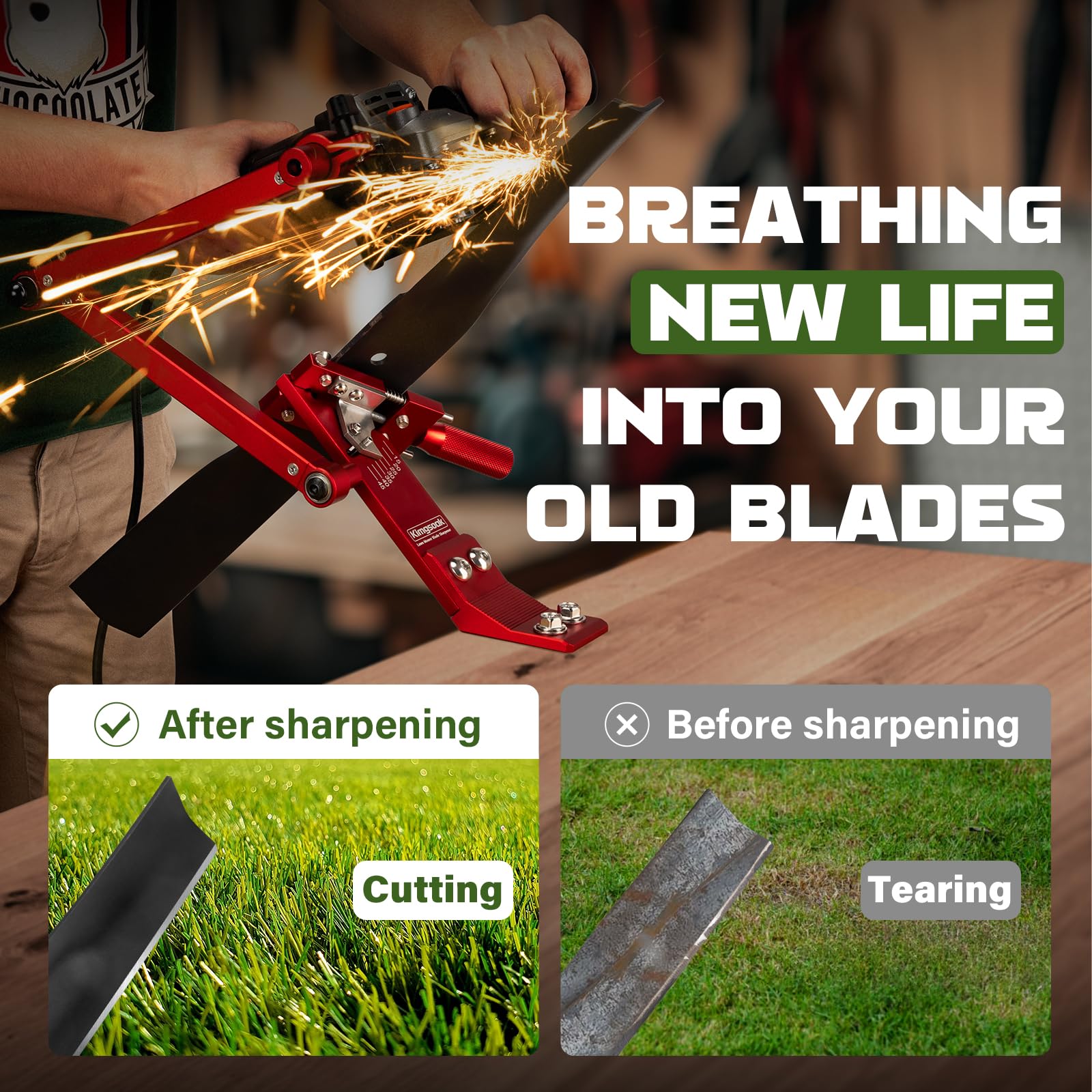 Kimgsoak mower blade sharpener showing balancer and edge precision