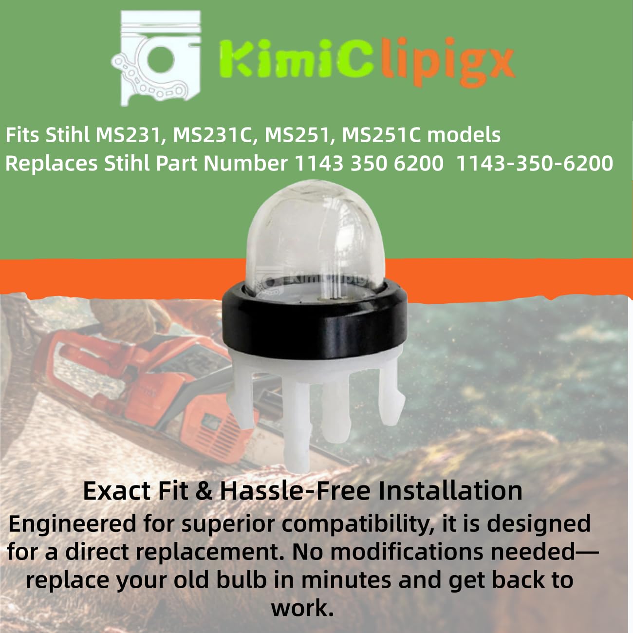 KimiClipigx primer bulb back view, reliable replacement for Stihl MS231 family.