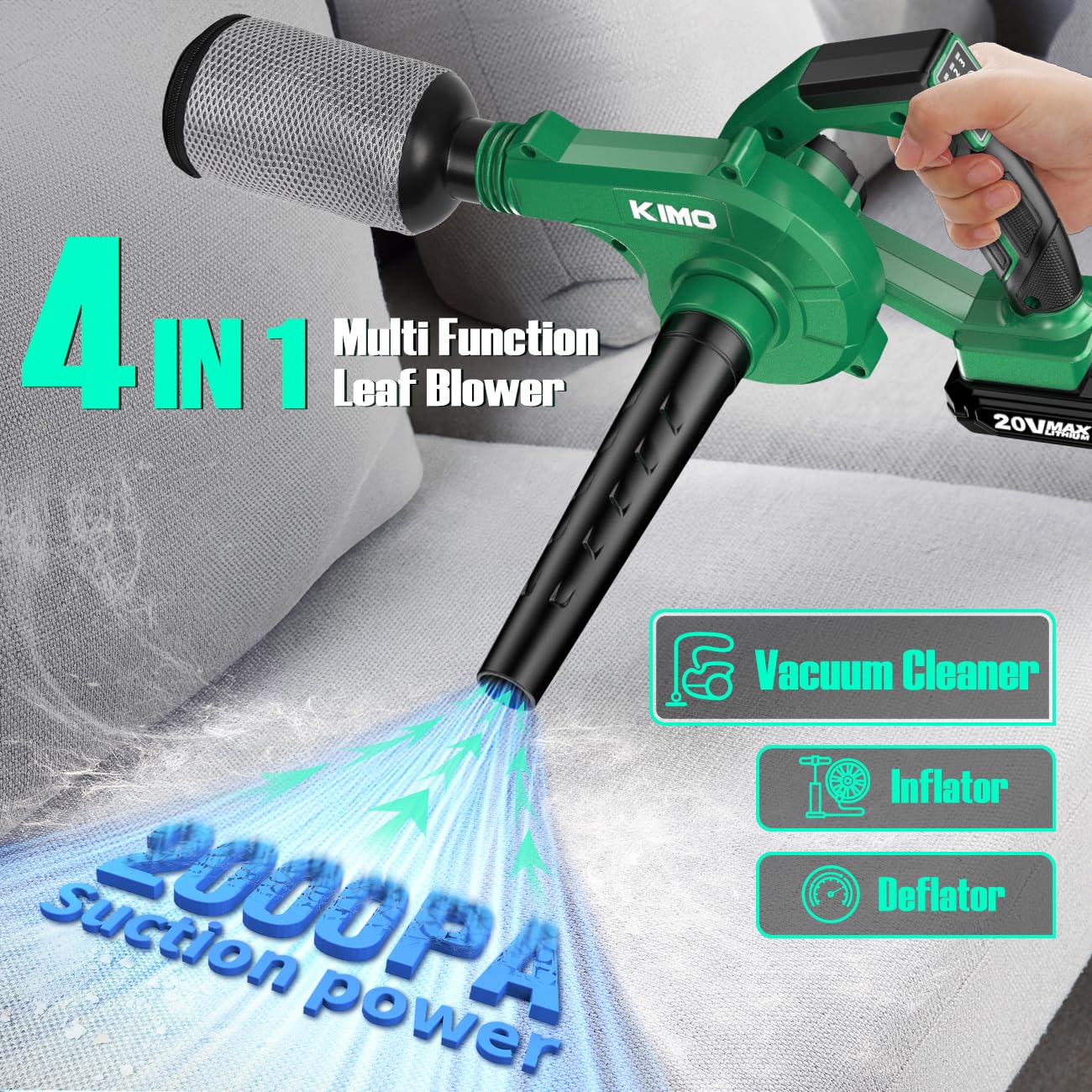 KIMO cordless blower with three nozzles for precise inflation and deflation