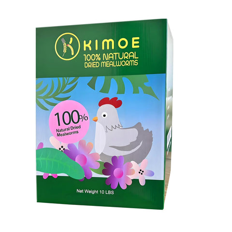 Kimoe dried mealworms bulk bag for backyard poultry nutrition.