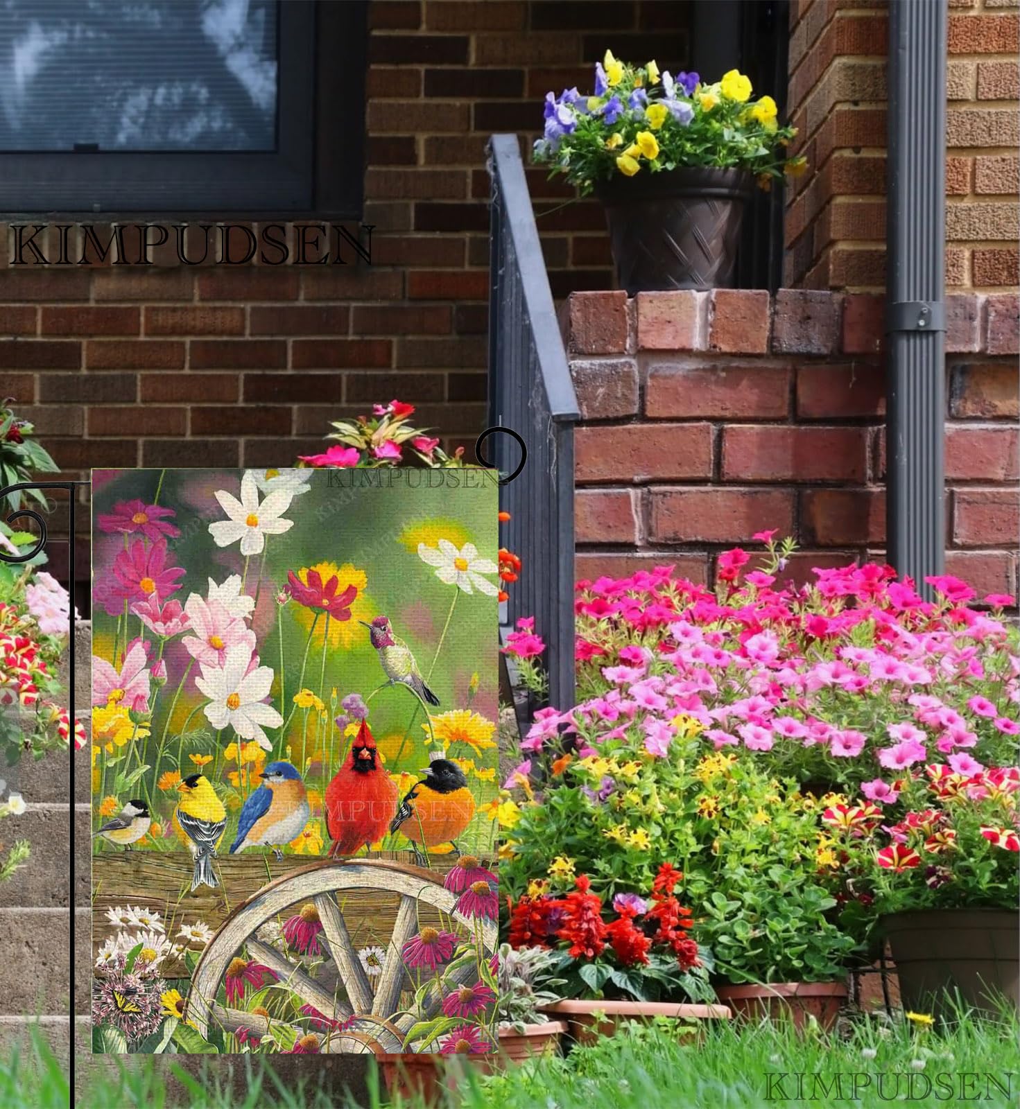 KIMPUDSEN burlap floral design flag adds rustic texture for porch or patio.