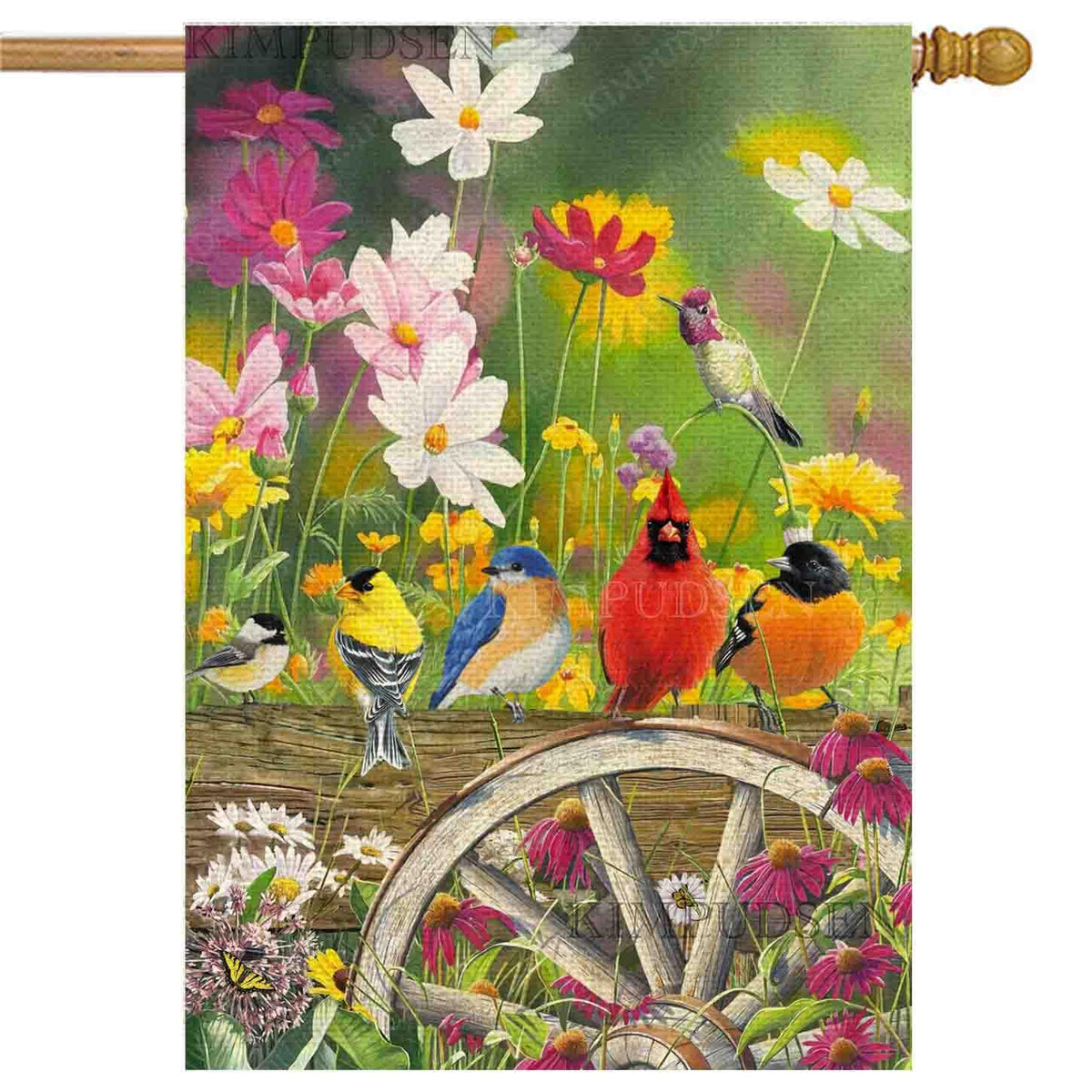KIMPUDSEN Spring Hummingbirds House Flag on porch shows durable double-sided design.