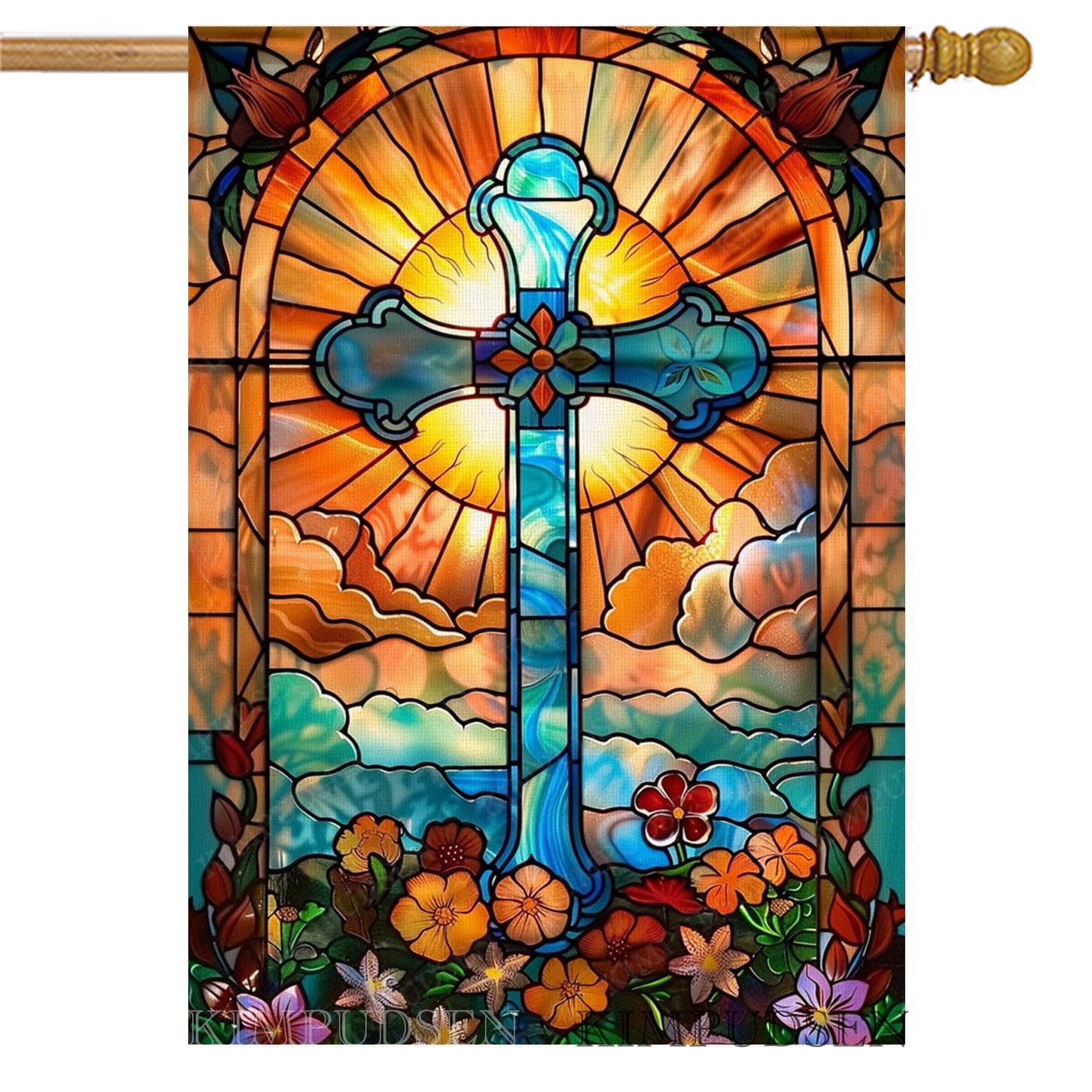 KIMPUDSEN stained-glass Easter cross flag for vibrant outdoor display