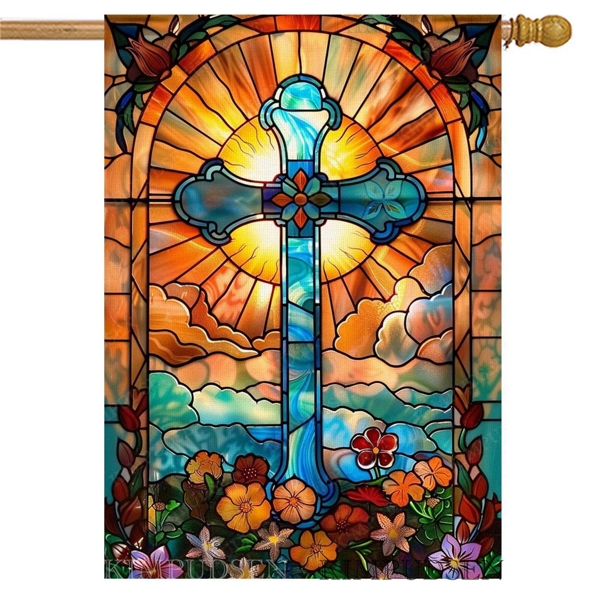KIMPUDSEN stained-glass Easter cross flag for vibrant outdoor display