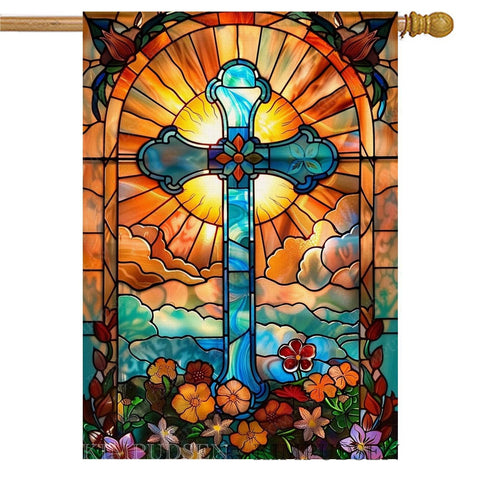 KIMPUDSEN stained-glass Easter cross flag for vibrant outdoor display