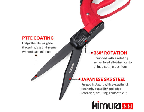 Kimura Pro Grass Shears featuring SK5 steel blades for sharp lasting cuts