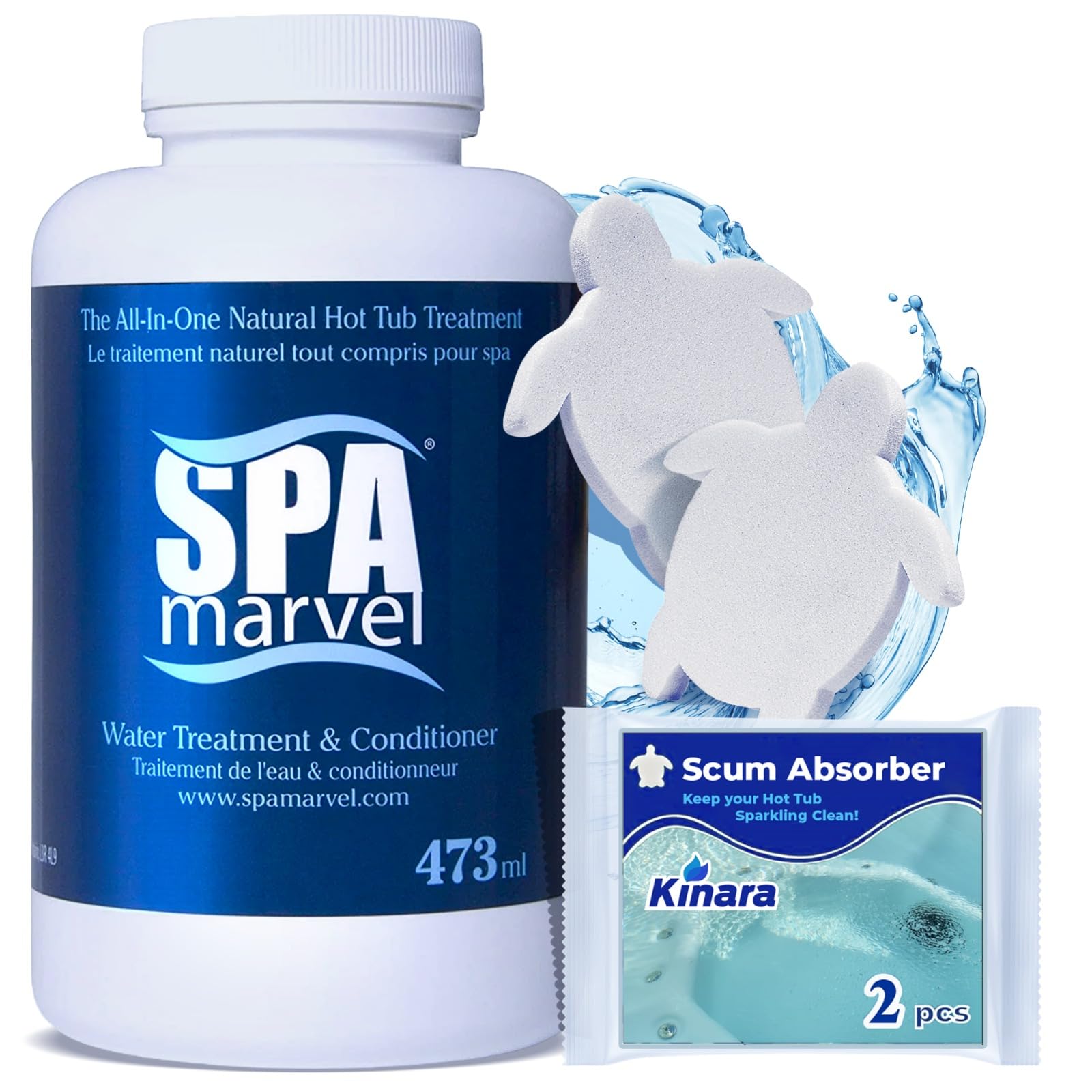Kinara Spa Marvel bottle pour demonstrating easy monthly treatment for clearer water.