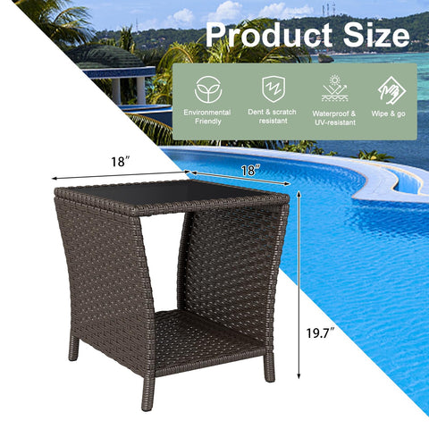 Kinbor outdoor wicker side table with storage shelf keeps magazines and decor neatly organized.
