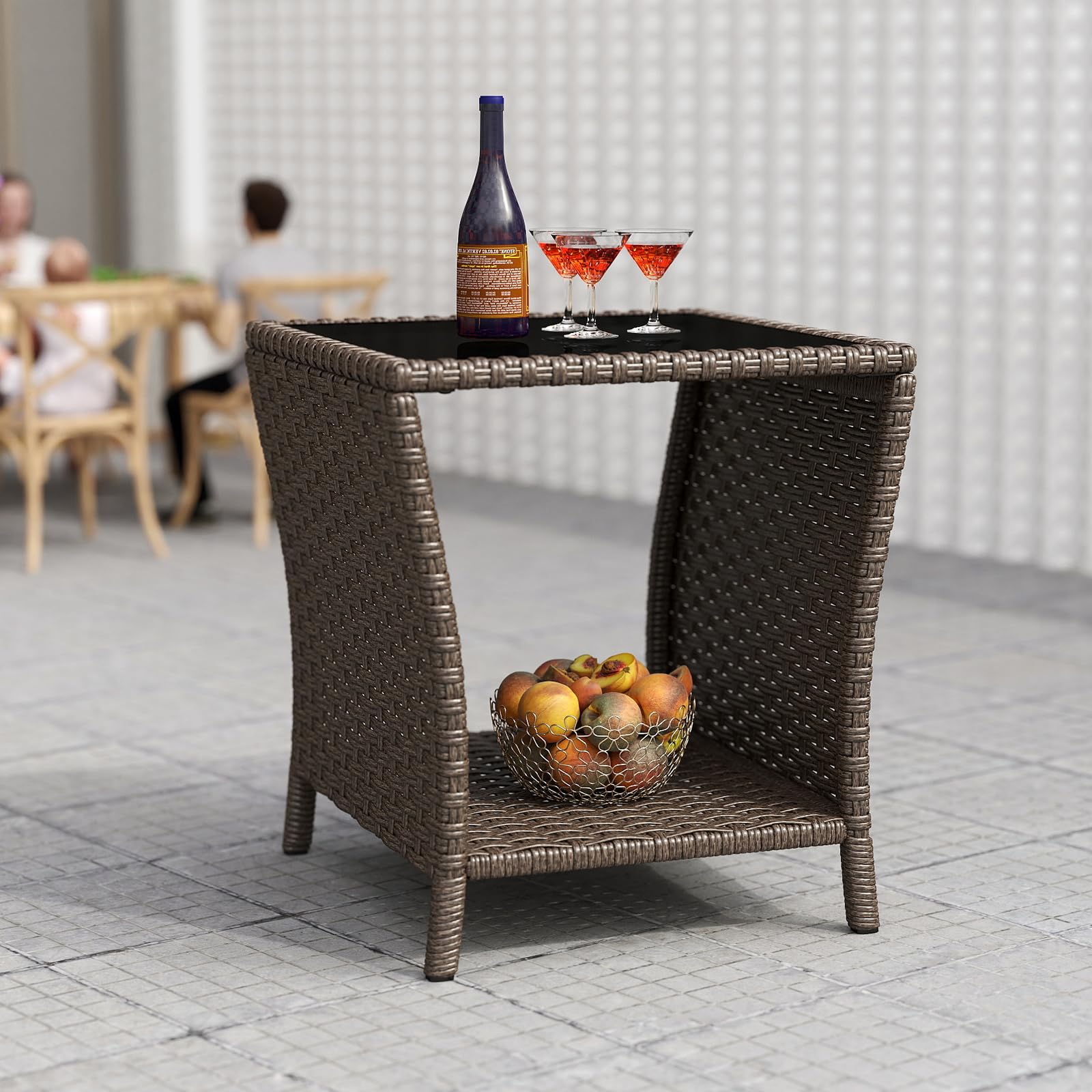 Kinbor outdoor wicker side table with tempered glass top offers a durable, spill-friendly surface.