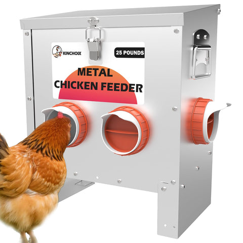 Kinchoix metal chicken feeder, 4-port front view, sturdy and weatherproof for long-lasting use.