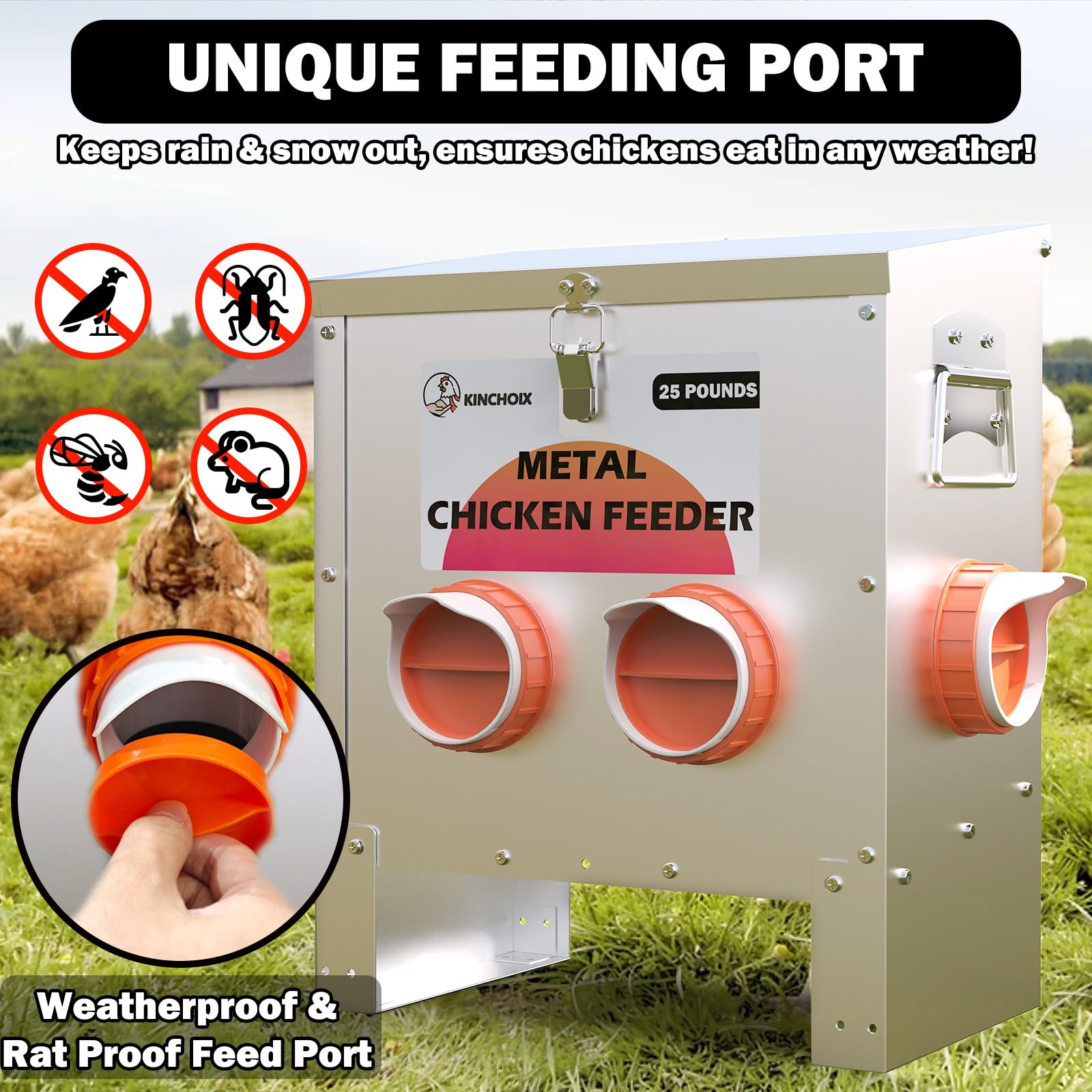 Kinchoix weatherproof feeder shown outdoors to withstand coop conditions.