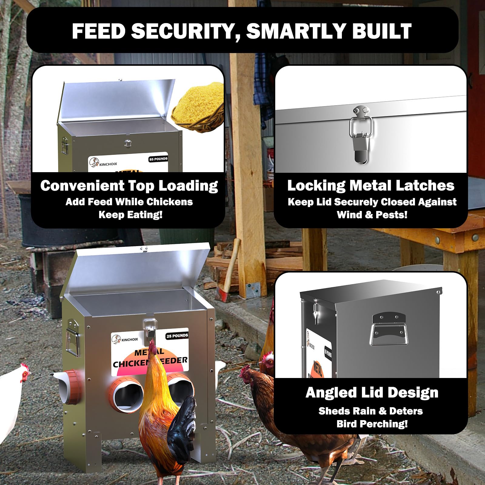 Kinchoix metal feeder with secure hinged lid protecting feed from pests.