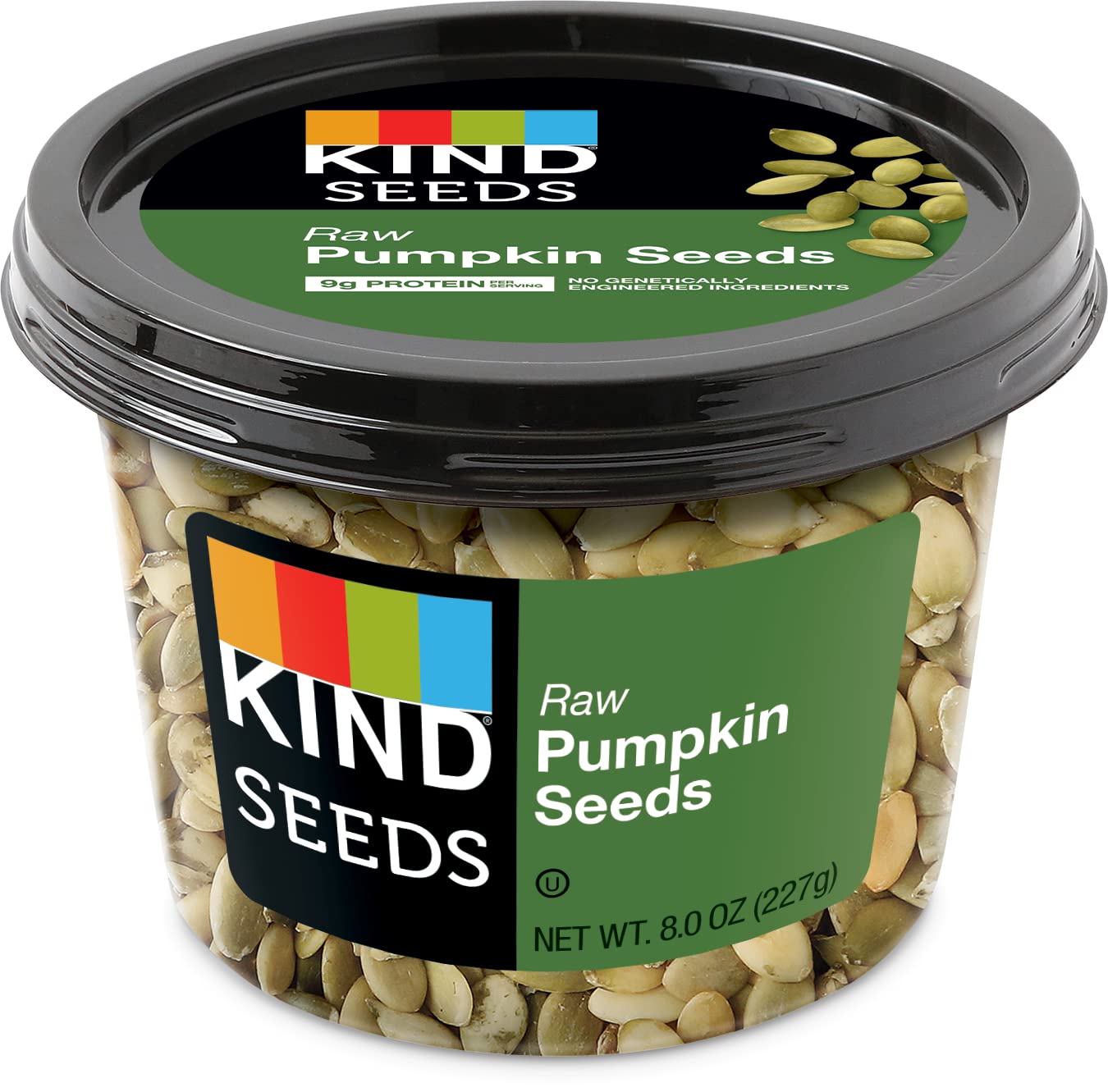 KIND Raw Pumpkin Seeds in an 8oz container, a convenient, wholesome snack.