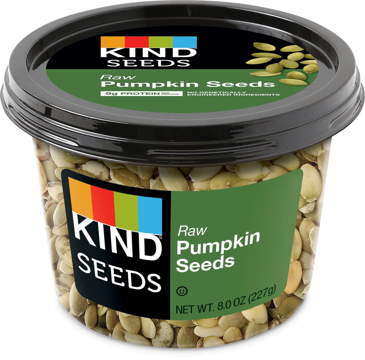 KIND Raw Pumpkin Seeds in an 8oz container, a convenient, wholesome snack.