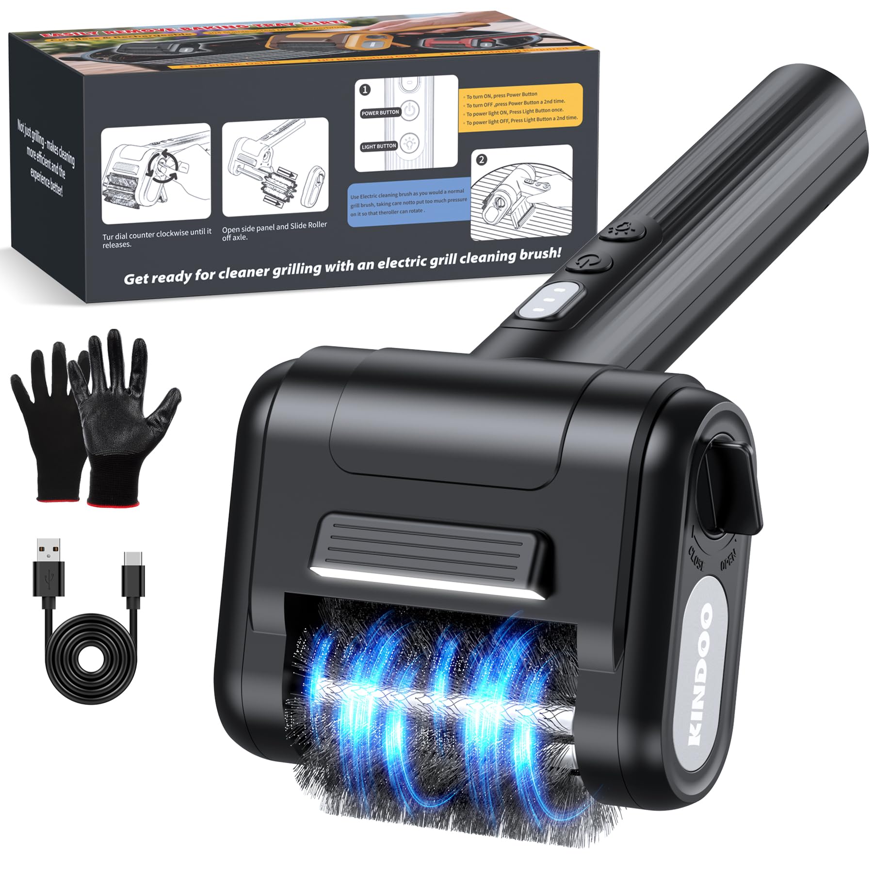 Kindoo electric grill brush with 800rpm motor cleans faster on grates