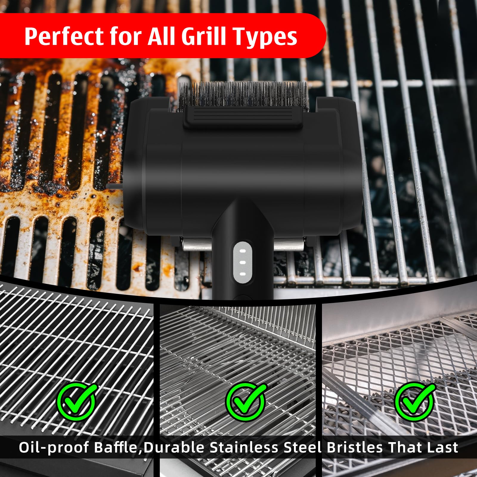 Kindoo grill brush for heavy-duty cleaning on charred grime and grease