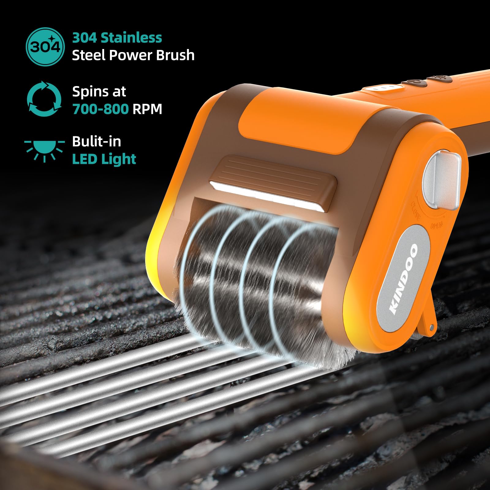 Kindoo LED-lit grill cleaning showing bright visibility on grates