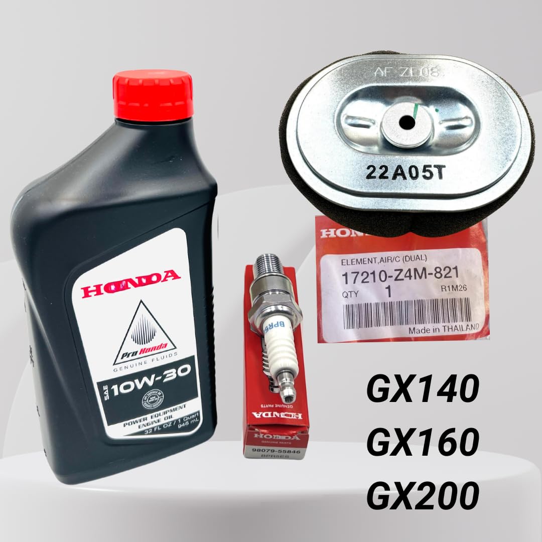 Kindza tune-up kit components laid out to emphasize authentic filters and spark plug compatibility.