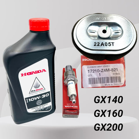 Kindza tune-up kit components laid out to emphasize authentic filters and spark plug compatibility.
