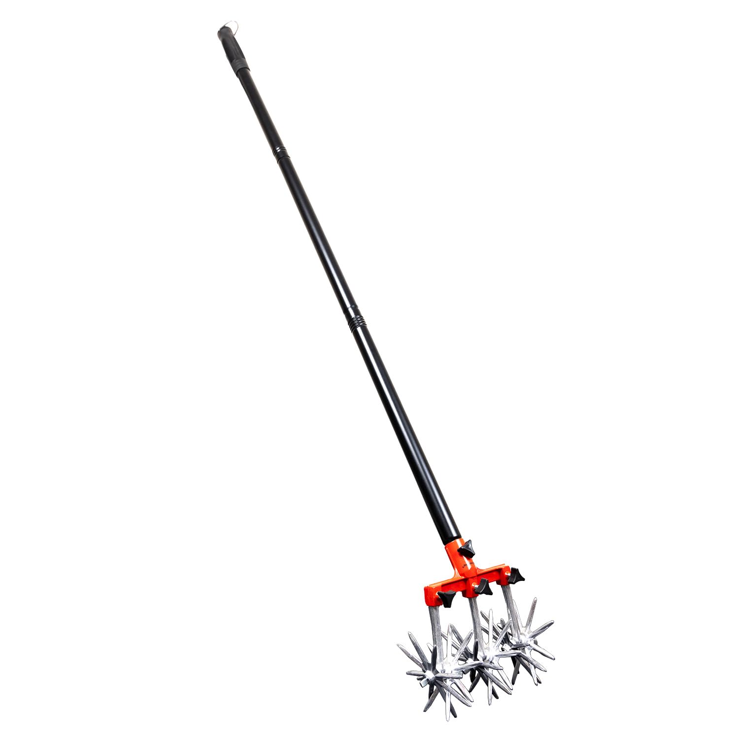 Kinedoo garden cultivator long-handle for easy soil tilling and aeration.