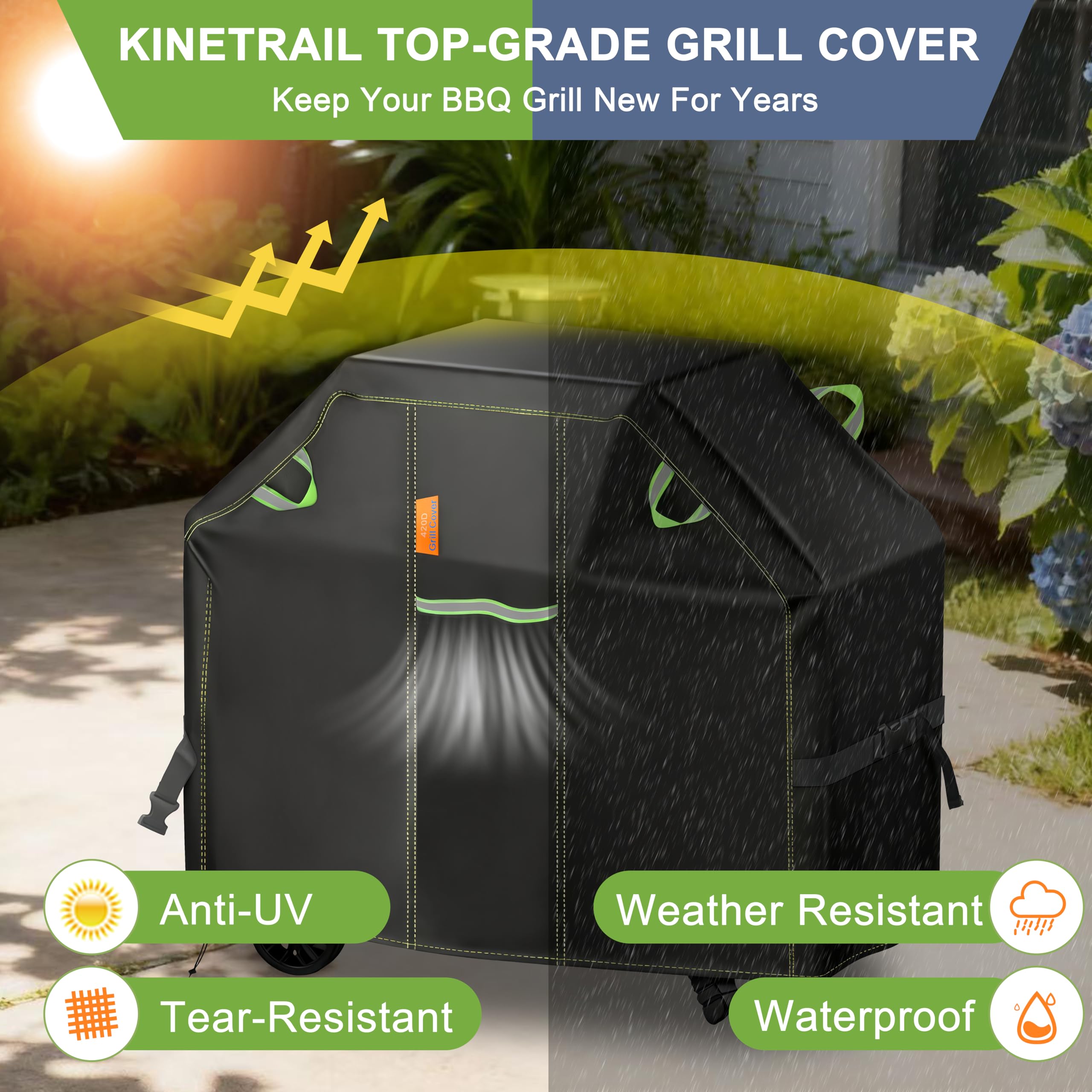 Kinetrail 58-inch grill cover with buckle straps keeps it secure in wind.
