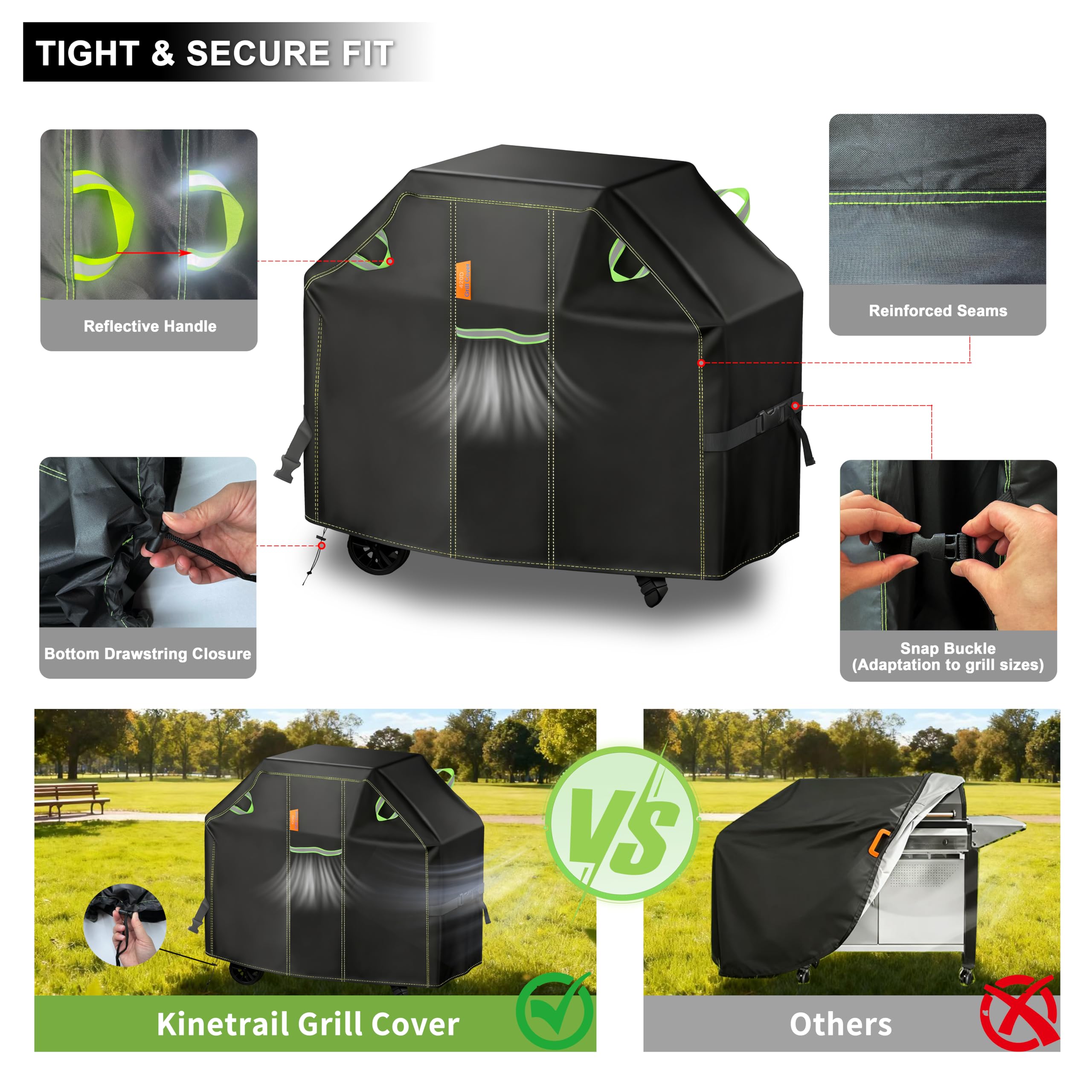 Kinetrail 58-inch grill cover folded for easy storage.