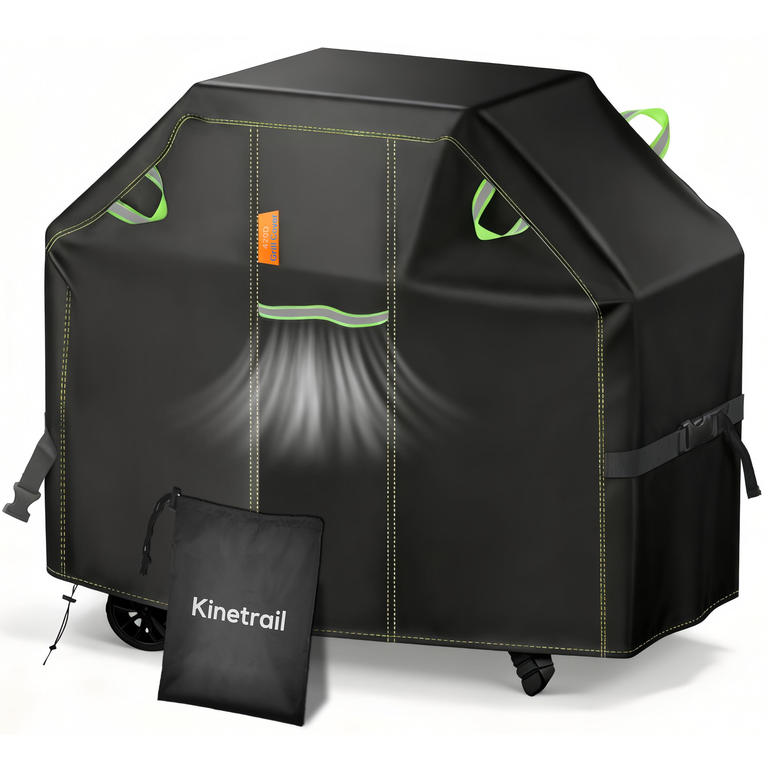 Kinetrail 58-inch grill cover, front view, protecting grills from rain and sun.
