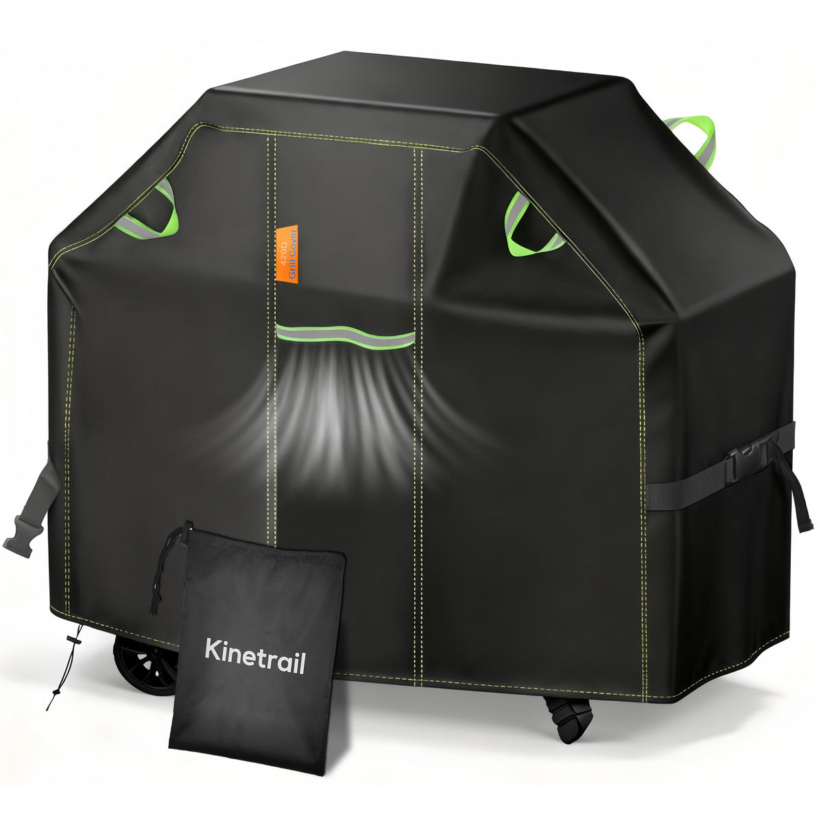 Kinetrail 58-inch grill cover, front view, protecting grills from rain and sun.