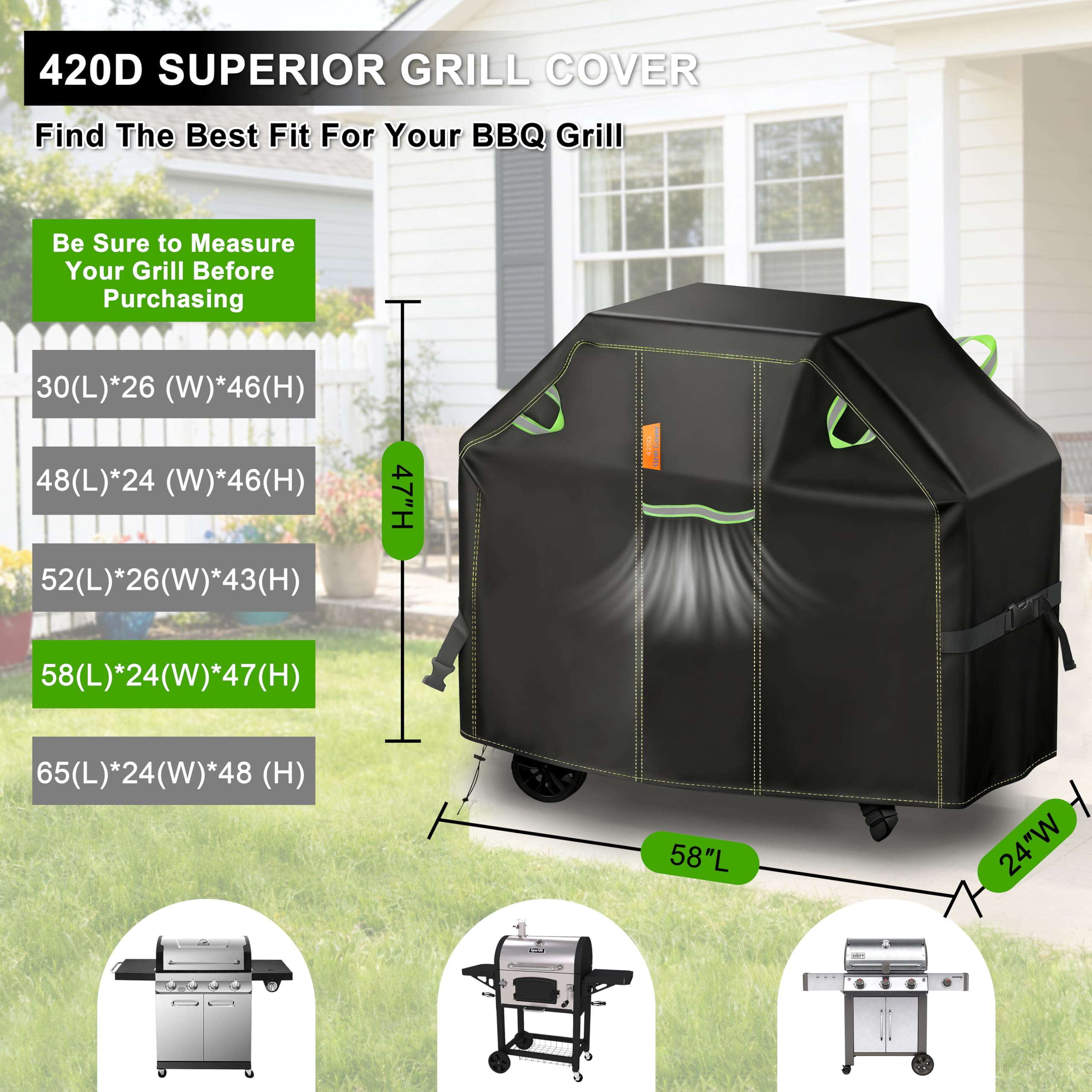Kinetrail 58-inch grill cover, side view, shields against wind and weather.