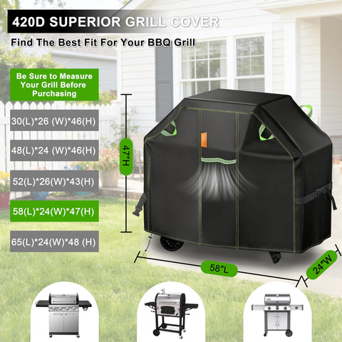 Kinetrail 58-inch grill cover, side view, shields against wind and weather.