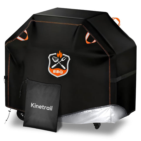 Kinetrail universal 48inch grill cover protecting outdoor grill from rain and sun.