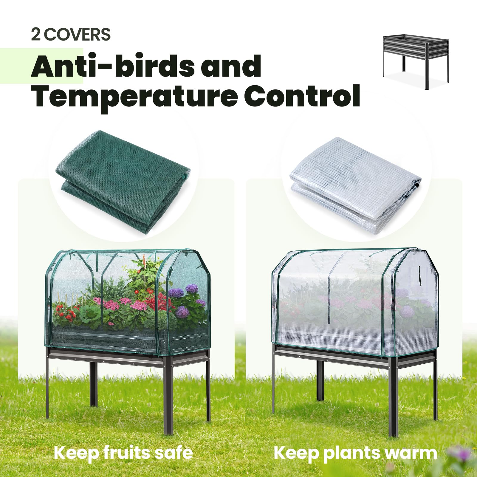 KING BIRD raised bed with top frame open for flexible three-way use.