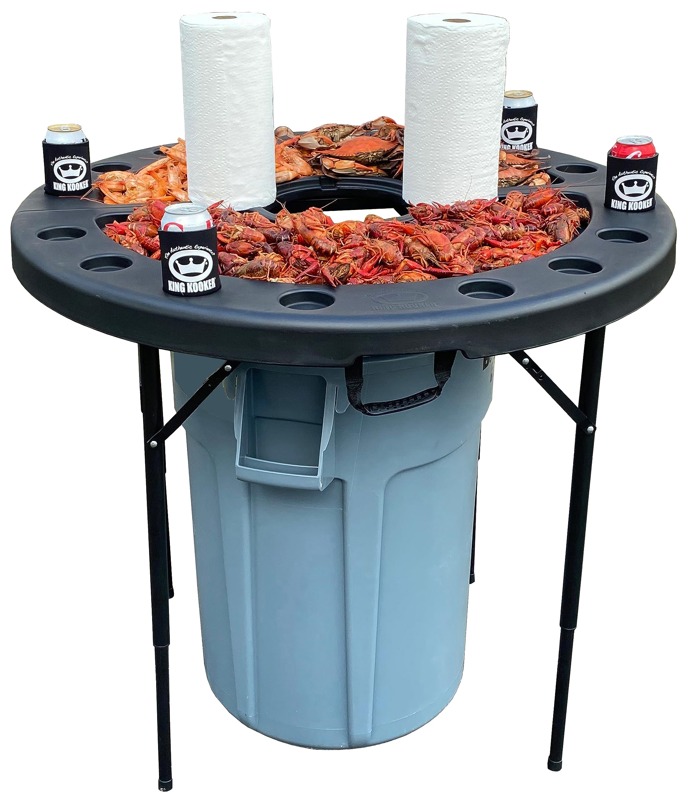 King Kooker plastic seafood serving table with 42-inch top, ideal for outdoor crawfish boils.