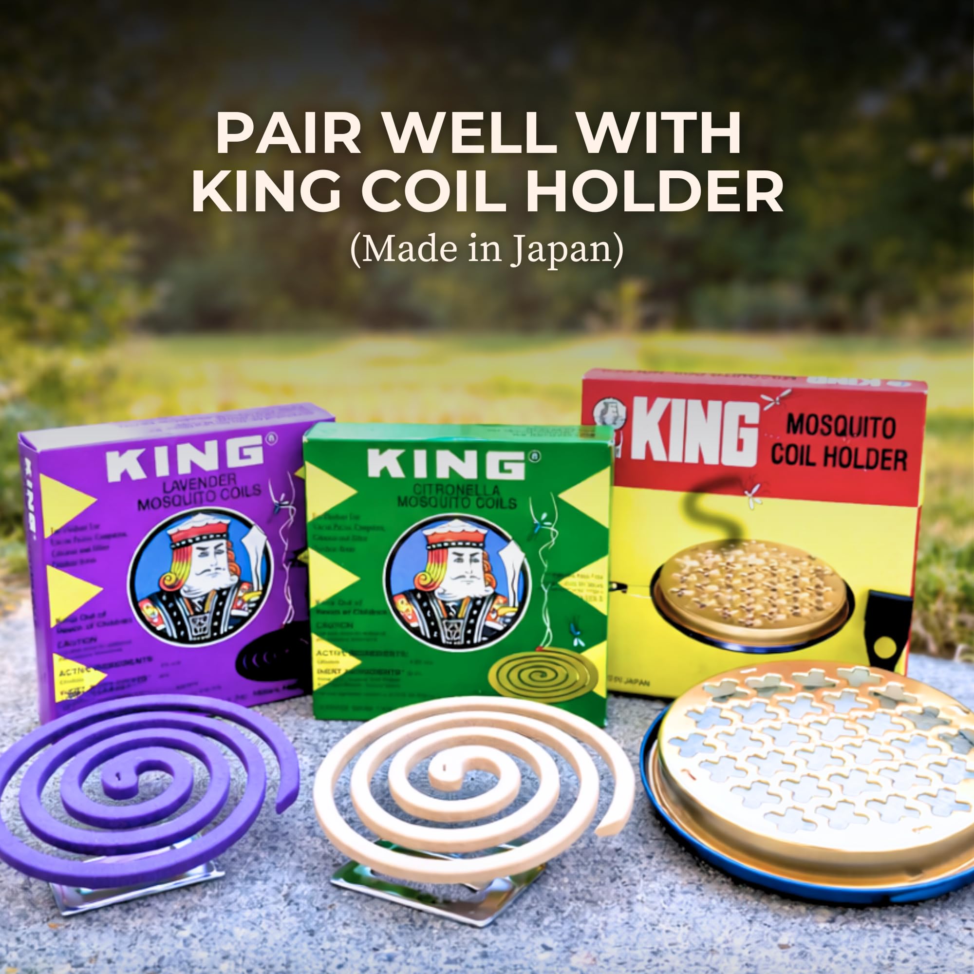 King Mosquito Coils ready-to-use setup on a stand for outdoor gatherings