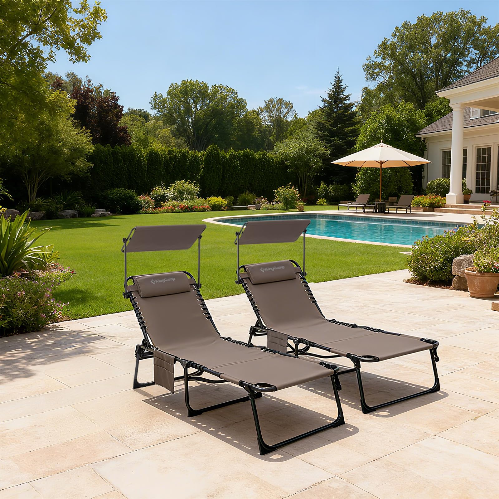 KingCamp tanning chair with 360-degree canopy provides shade while you sunbathe.