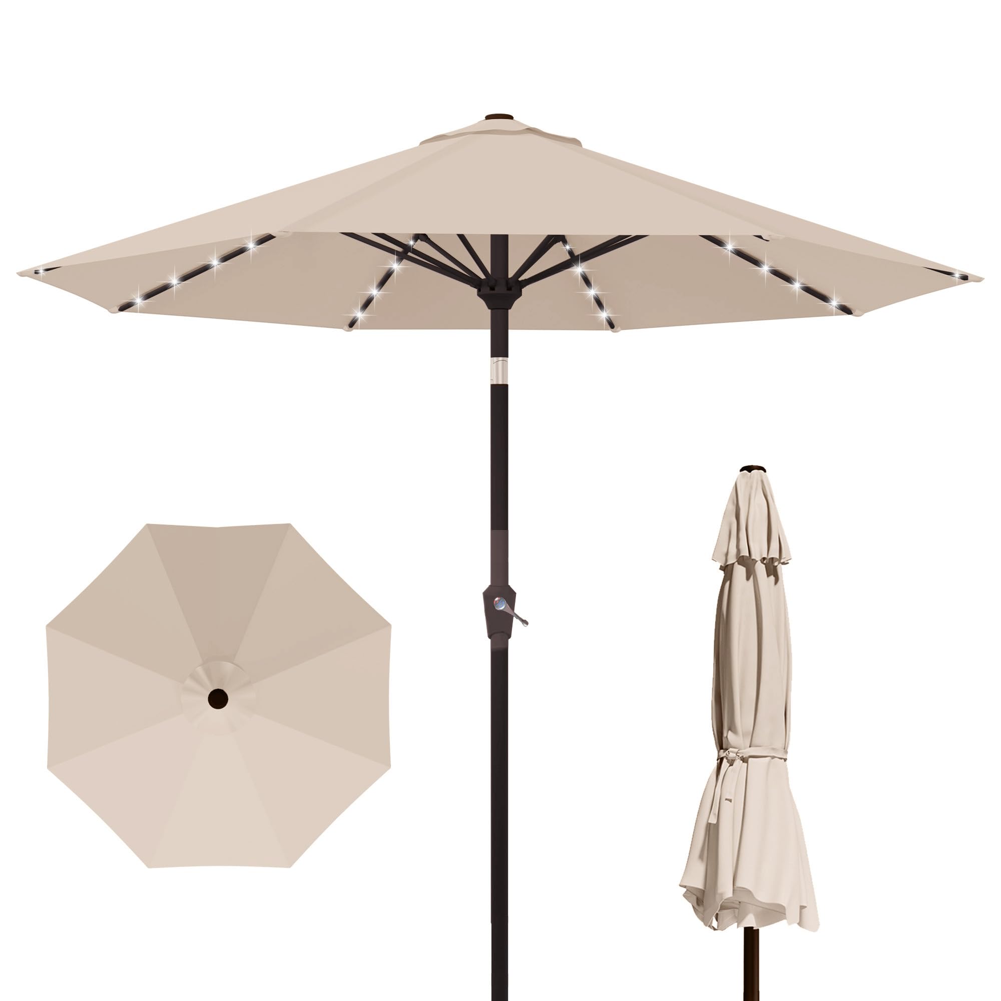 Kingdura 10ft outdoor umbrella with solar LED lights providing warm evening shade