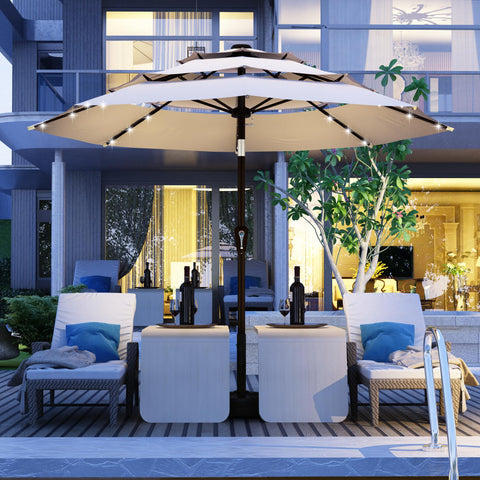 Kingdura umbrella with LED-lit ribs provides ambient evening lighting for outdoor spaces.