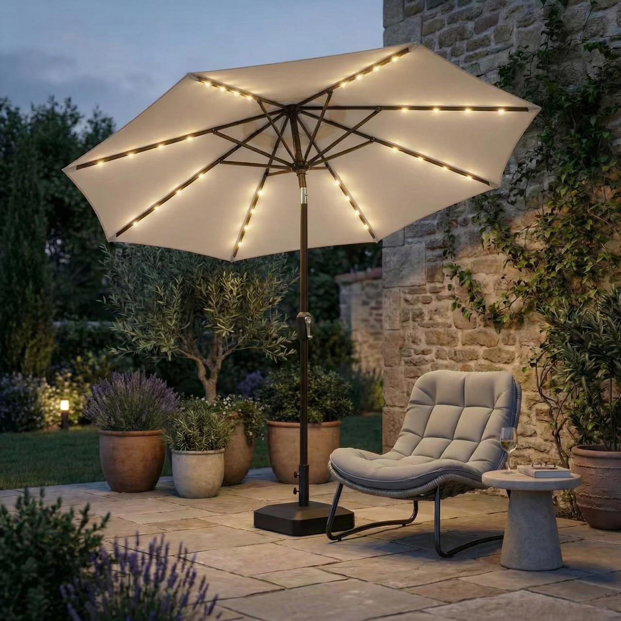 Kingdura umbrella with push-button tilt crank for easy shade adjustment