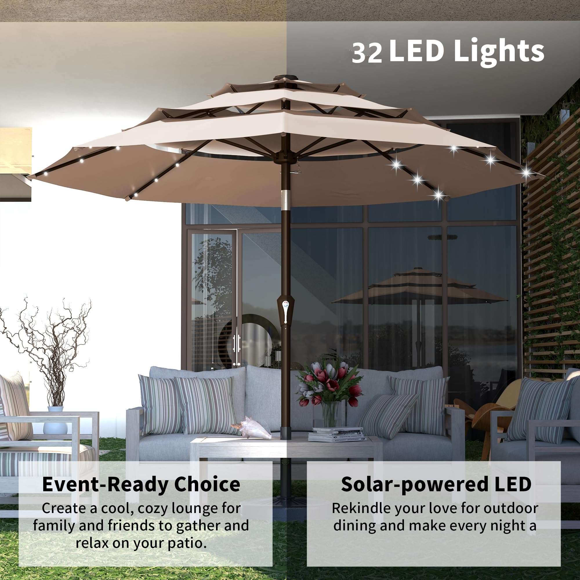 Kingdura solar panel atop the canopy charges LEDs for extended use.