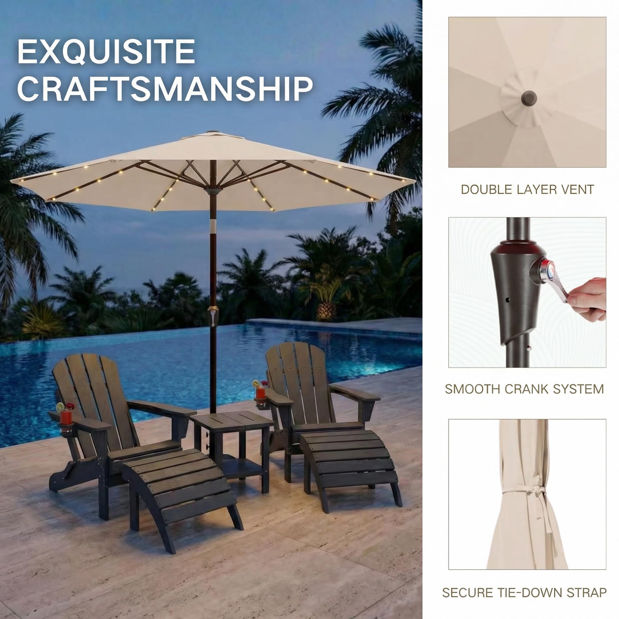 Kingdura UV 50+ water-repellent fabric protects seating areas